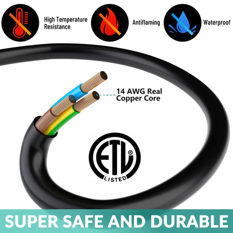 Close-up of Heavy Duty Yard-Ready Outdoor Extension Cord 30 Ft With 3 Outlets 14-3 SJTW 3 Prong grounded showing copper core