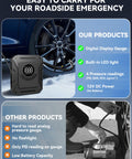 Portable Tire Inflator Air Compressor With 150 PSI Fast Inflation No Battery Needed 12V DC Car Adapter Auto Shut Off LED Display Electric Air Pump For Quick Car Tire Inflation On The Go shown next to a car wheel with feature highlights.