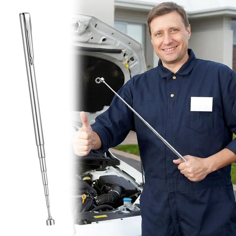 Mechanic holding Telescoping Magnetic Pick Up Tool Set 25 Inch Reacher Grabber with Pocket Clip, hood open