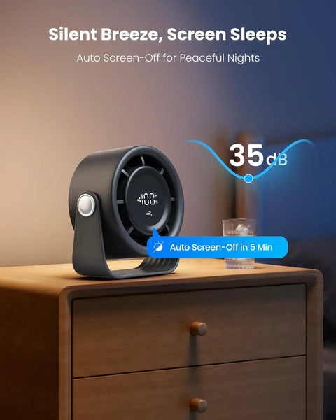 Rechargeable Small Desk Fan With Quiet 35dB Breeze, Touch Control Display on nightstand, auto screen-off feature