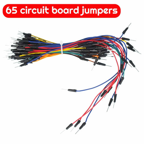 65 jumper wires from All In One Breadboard Starter Kit With 400 And 830 Breadboards, 140 Jumper Wires, 65 Flexible Jumpers