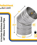 45 Degree Pellet Stove Vent Elbow In Stainless Steel Insulated Double Wall Design 3 Inch Diameter for home heating