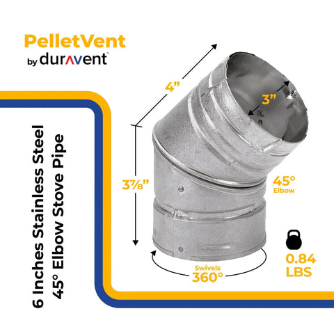 45 Degree Pellet Stove Vent Elbow In Stainless Steel Insulated Double Wall Design 3 Inch Diameter for home heating