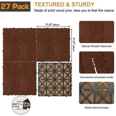 Interlocking Wood Deck Tiles 12x12 Inch Walnut, 27 Pack Waterproof Patio Floor Tiles highlighting snap lock design and rustic pine wood