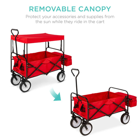 Foldable Outdoor Utility Wagon with Canopy for Beach, Picnic, Camping, Tailgates Removable Shade, 150 lb Capacity in Red