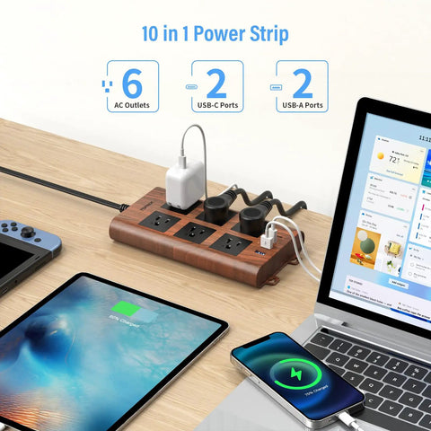 Slick Wood Finish Surge Protector Power Strip With Six Widely Spaced Outlets And Dual USB C Plus Dual USB A Ports on a desk.