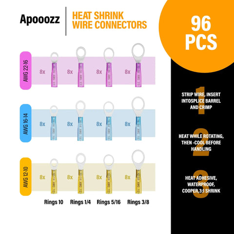 96 Piece Heat Shrink Wire Connectors Kit with Insulated Ring Terminals Waterproof Crimp Set displayed with color coding