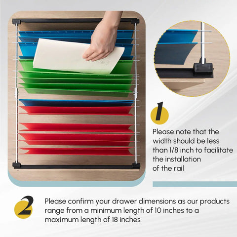 Image of Built Tough Metal File Cabinet Rails 12 Pack Silver Adjustable Drawer Slides 10 To 18 Inch with sorted file folders.