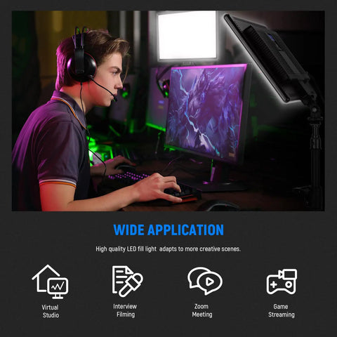 Person using Two Pack 13 Inch LED Video Light Panel Kit for game streaming setup at desktop with illuminated screens.