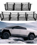 Lock Down Your Gear With This Durable Rear Trunk Cargo Net Adjustable Pickup Tailgate Storage Restraint Heavy Duty Bungee Mesh Organizer Secure Hooks Buckles Ideal For Tesla Cybertruck 2024 Plus displayed above the Tesla Cybertruck.