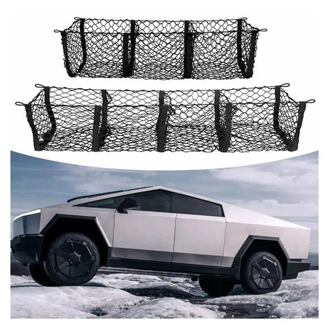 Lock Down Your Gear With This Durable Rear Trunk Cargo Net Adjustable Pickup Tailgate Storage Restraint Heavy Duty Bungee Mesh Organizer Secure Hooks Buckles Ideal For Tesla Cybertruck 2024 Plus displayed above the Tesla Cybertruck.