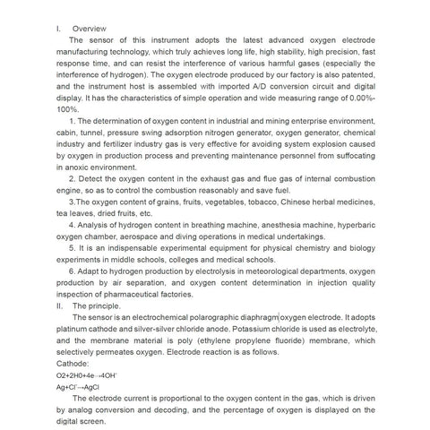 Text overview of Portable Oxygen Concentration Tester For Industrial And Mining Jobsites Real Time Gas Monitor features and principle.
