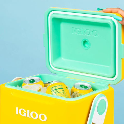 Open yellow Strapped Picnic Style 11 Quart Cooler with drinks inside, showcasing MaxCold insulation for hands-free carry use.