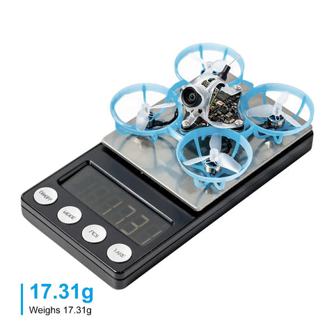ELRS V3 Air65 Brushless Whoop Quadcopter Ultralight 1S 65mm Tiny Micro Drone with C03 FPV Camera on scale, weighing 17.31g