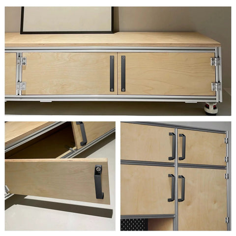 JiGiU 4-pack black aluminum pull handles for 40 Series extrusion, 180mm spacing, installed on wood cabinet doors.