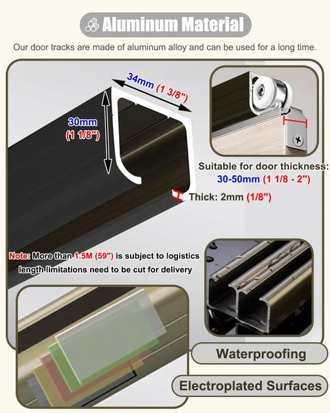 Top Shelf Barn Door Roller Wheel Kit With Stainless Steel Pulleys And Tough Nylon Glides For Smooth Cabinet Sliding Track Hardware showcasing aluminum tracks with dimensions.