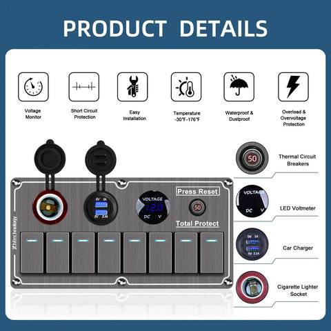 Beefy Aluminum 8 Gang Rocker Switch Panel For Marine Use With Dual USB Ports And Voltmeter Waterproof 12 To 24V Panel