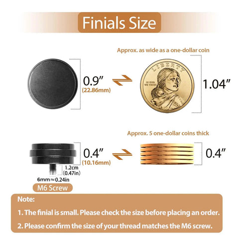 Small Size End Cap Replacement Finials Set Of 2 Black For Curtain Rods Easy Install For Standard Three Quarter Inch Rods With 0.47 Inch Screws Durable Metal Finish, black curtain rod finial size chart with M6 screw