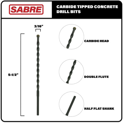 Sabre Tools masonry drill bit 3/16 in x 5-1/2 in, carbide tipped, double flute, half-flat shank, 10-pack (front view)