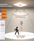 Dimmable Motion Sensor LED Ceiling Light With Remote showing adjustable detection range and sensing angle diagram.