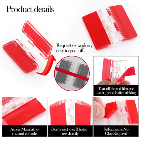 12 Pack Clear Acrylic Hinges Self Adhesive Transparent Piano Strips For Cabinet And Aquarium Lids Straight Up Durable Furniture Hardware No Sweat DIY Setup Smooth Finish 35X30MM showing detailed instructions for application and use.