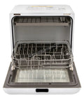 Portable Countertop Mini Dishwasher Featuring Four Quick Wash Cycles And Slick High Heat Sanitizing Plus Seamless Air Dry, open with basket.
