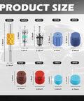 33 Piece Car AC Valve Core Kit product size chart with valve stems, caps, cores and tool, showcasing dimensions and components.