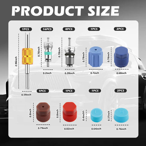 33 Piece Car AC Valve Core Kit product size chart with valve stems, caps, cores and tool, showcasing dimensions and components.