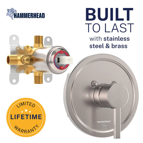 HammerHead solid metal brushed-nickel single-handle shower trim kit with rough-in valve and brass body (front view)