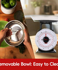 11 Lb Analog Kitchen Scale With Stainless Steel Bowl shown with removable bowl and mechanical dial for baking and cooking precision.