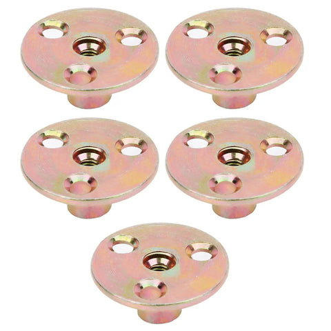 Five M8 three hole flange nuts with galvanized finish, showing rugged tee nut design and three point contact for secure mounting.