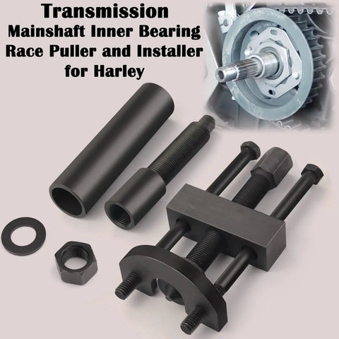 Harley Big Twin Transmission Mainshaft Inner Bearing Race Tool Set Puller and Installer for 1984 to Present, black steel