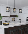 Sleek Black Square Pendant Light With Adjustable Cord Modern Nordic Ceiling Fixture For Kitchen Island above marble countertop.