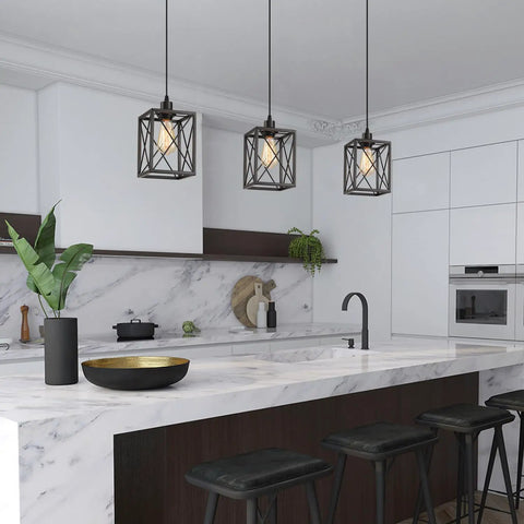 Sleek Black Square Pendant Light With Adjustable Cord Modern Nordic Ceiling Fixture For Kitchen Island above marble countertop.