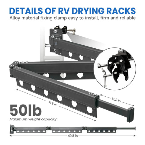 Heavy Duty RV Clothes Drying Rack With Four Telescoping Sections featuring alloy clamps and windproof design, 50lb capacity