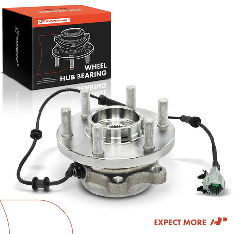 Heavy Duty Front Wheel Bearing And Hub Assembly With ABS For 4WD Nissan Frontier 2005 2019 Pathfinder 2005 2012 Xterra 2005 2015 Suzuki Equator 2009 2012 Six Lug Replacement Wheel Hub showing bolts and wiring