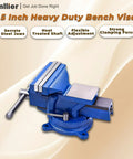 Heavy Duty Bench Vise With Anvil And 360 Degree Swivel Locking Base For A Real Workhorse Clamping In Home Shops Or Industrial Settings, 5 Inch Jaw, 4.92 Inch Wide, 4.33 Inch Opening, Cast Iron Construction, Replaceable Jaws, Steel Handle on blue vise