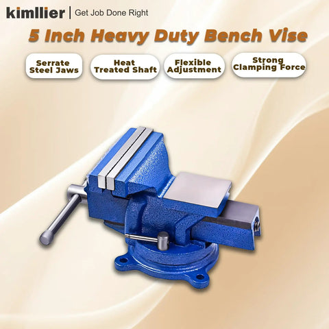 Heavy Duty Bench Vise With Anvil And 360 Degree Swivel Locking Base For A Real Workhorse Clamping In Home Shops Or Industrial Settings, 5 Inch Jaw, 4.92 Inch Wide, 4.33 Inch Opening, Cast Iron Construction, Replaceable Jaws, Steel Handle on blue vise