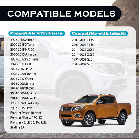 List of compatible models for Durable Windshield Washer Fluid Cap Replacement For Nissan Titan Maxima G20 G35 And Infiniti Models with a pickup truck shown.