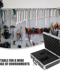 Heavy Duty Aluminum Tool Case With Handle For Home And Pros Large Capacity Portable Toolbox open in workshop setting