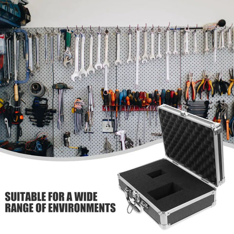 Heavy Duty Aluminum Tool Case With Handle For Home And Pros Large Capacity Portable Toolbox open in workshop setting