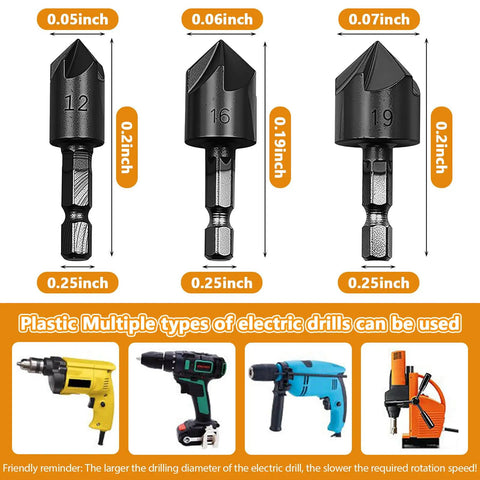 Five Flute Countersink Drill Bit Set For Wood And Plastic, Precision Chamfer Bits 12-19mm shown with compatible drills
