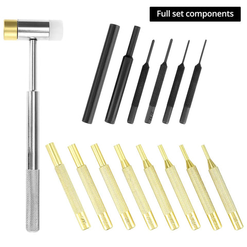All In One Hammer And Punch Set With Chrome Plated Steel Hammer Nylon And Brass Heads 15 Piece Punch Kit With Brass Steel And Nylon Punches In Durable Plastic Case displayed