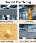 Product chamfering process illustrating before, during, and after using the Three Piece Countersink Drill Bit Set Gold Coated Heavy Duty Bits.