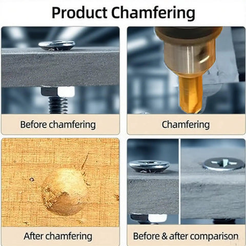 Product chamfering process illustrating before, during, and after using the Three Piece Countersink Drill Bit Set Gold Coated Heavy Duty Bits.