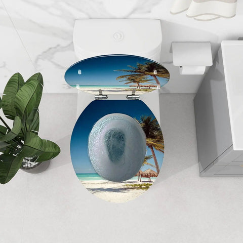 Round Resin Toilet Seat Decked Out In Tropical Beach Thatched Roof Art Soft Close Quick Release Hinges No Drama Quick Install For American Standard Toilets with ocean view design