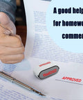 Solid Workhorse Eight In One Self Inking Office Stamp Set For Paid Copy Void Scanned Entered Original Approved Confidential Documents Quick Handling Easy Storage And Smooth Daily Desk Operations In Bright Red Ink on paperwork.