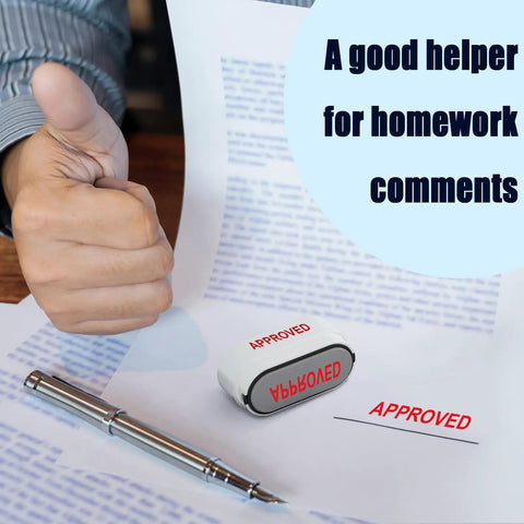 Solid Workhorse Eight In One Self Inking Office Stamp Set For Paid Copy Void Scanned Entered Original Approved Confidential Documents Quick Handling Easy Storage And Smooth Daily Desk Operations In Bright Red Ink on paperwork.