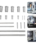 Keyway Broach Set For Lathe, 18 Pc HSS Metalworking Cutting Tool Kit, bushings, broaches, shims displayed with CNC machinery in use.