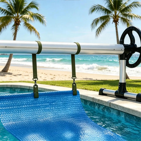 Rock Solid Eight Piece Pool Cover Reel Mounting Kit With Heavy Duty Army Green Straps And Slick Clips For Solar Covers attached to a pool.
